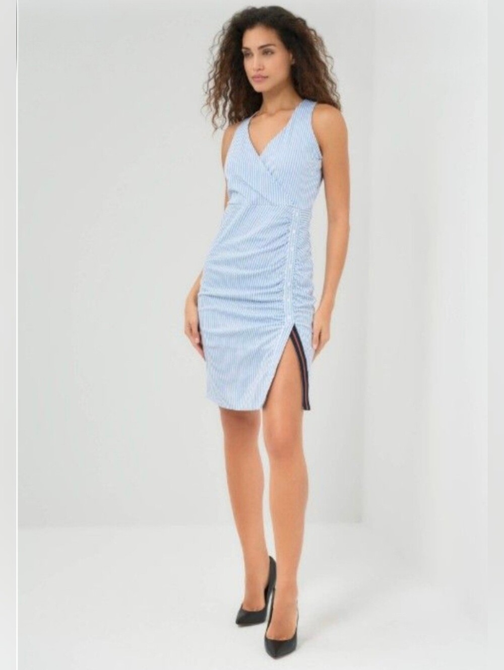 NWT Anatomie Corinna Summer Stripe Wrap Midi Dress Coastal Casual Travel. M